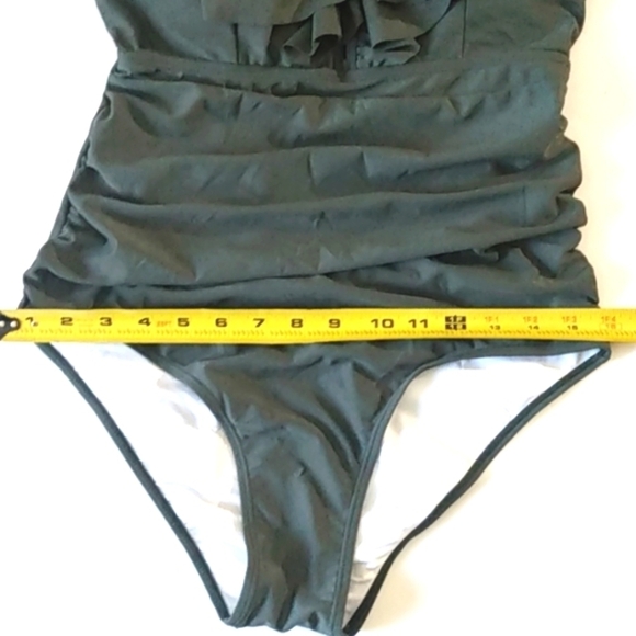 PLUNGE V-NECK MONOKINI Green Ruffle Trim Lace Up Back Ruched Swimsuit SIZE LARGE - Picture 11 of 15